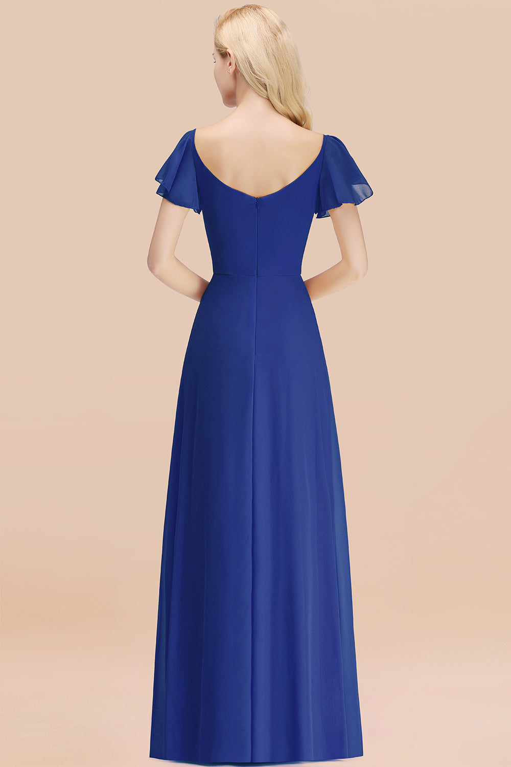Elegant V Neck Short Sleeves Chiffon A-line Long Royal Blue Bridesmaid Dress