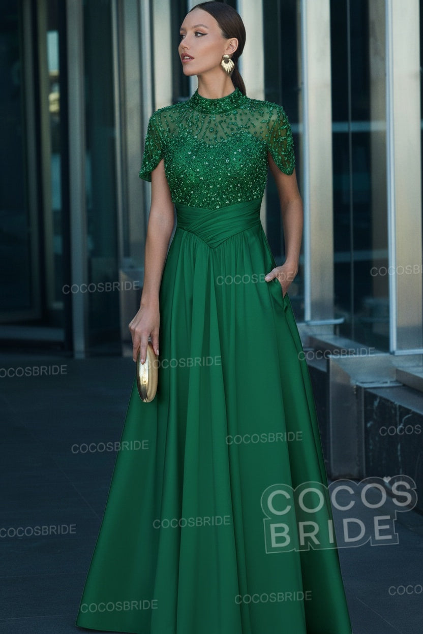 Elegant Illusion Neck Long A-line Formal Evening Dress with Pockets