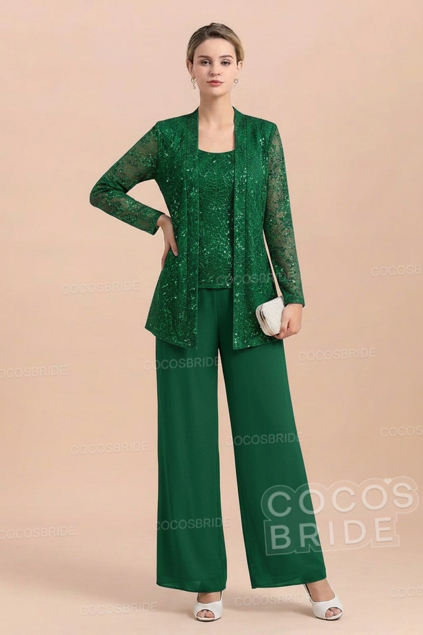 Long Sequined Chiffon Pantsuits for the Mother of the Bride with Jacket