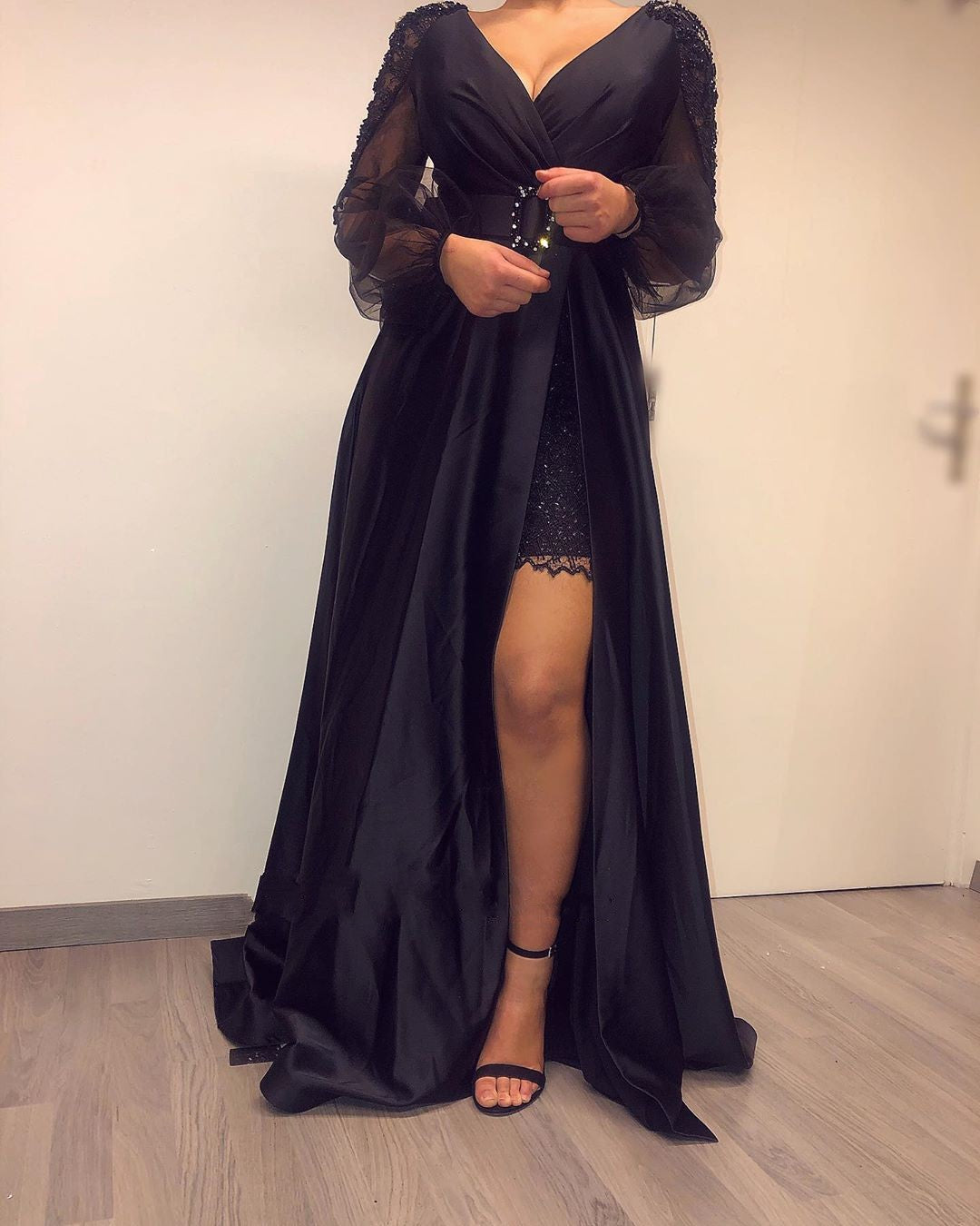 Black A-line Floor Length V-neck Long Sleeve Backless Satin Beading Prom Dress With Slit