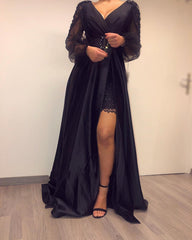 Black A-line Floor Length V-neck Long Sleeve Backless Satin Beading Prom Dress With Slit