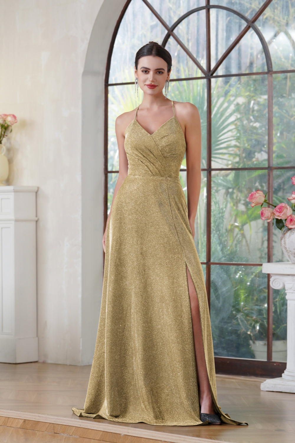 Glitter Long A-line V-neck Halter Front Slit Backless Prom Dresses with Pocket