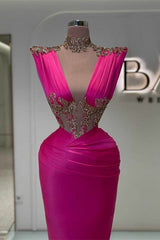 Long V-Neck Mermaid Sleeveless Satin Appliques Lace Prom Dress