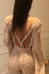 Excellent Sequin Long Sleeves Two Piece Jewel Evening Dress