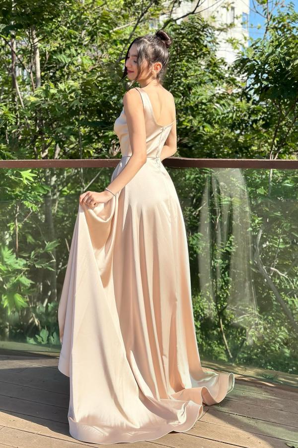 Mermaid Long Square Neck Satin Formal Prom Dress with Split Front