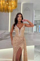 Long Mermaid V-neck Sequined Spaghetti Straps Formal Prom Dresses with Slit