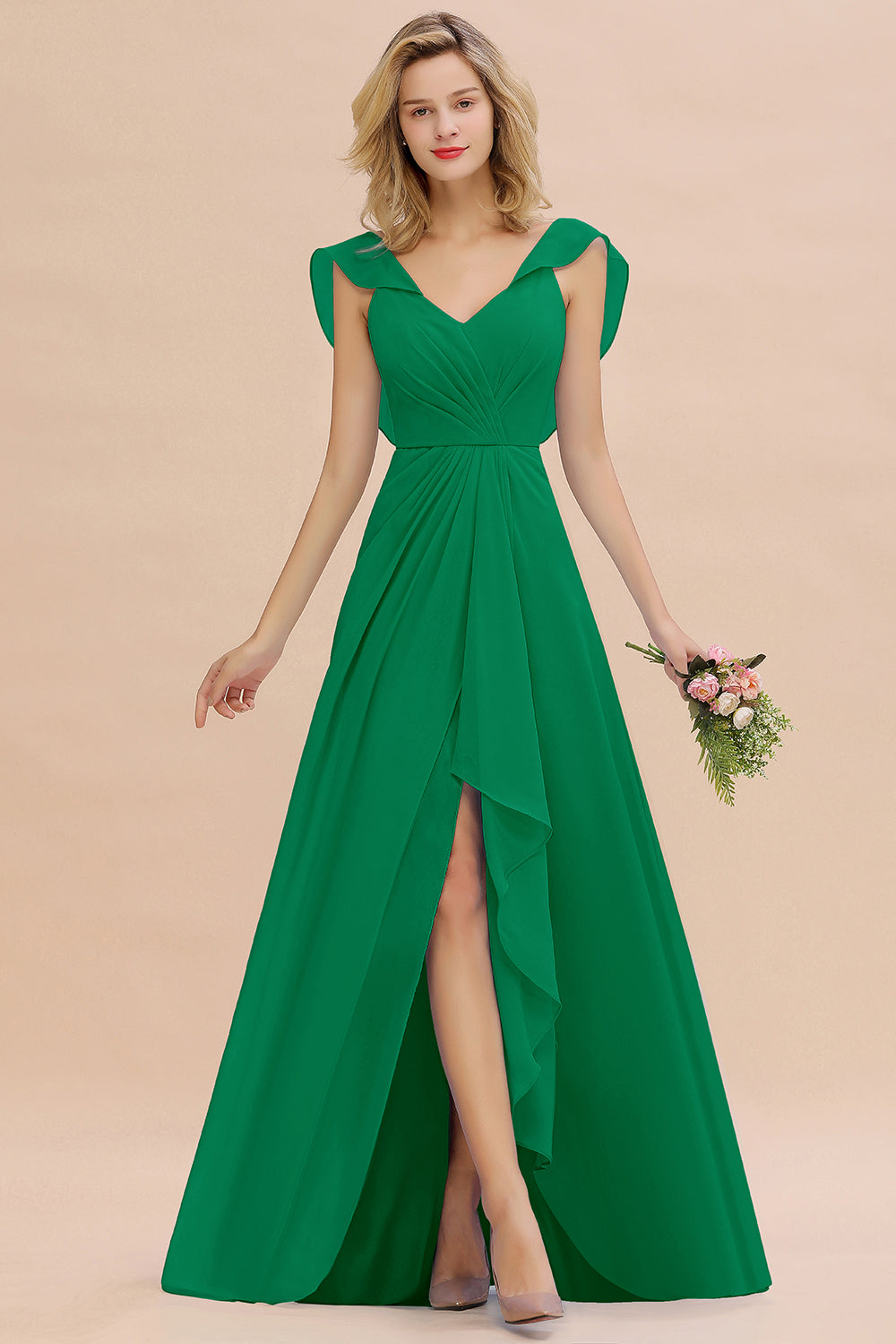 Simple High Low A-line V-Neck Ruffles Chiffon Bridesmaid Dress