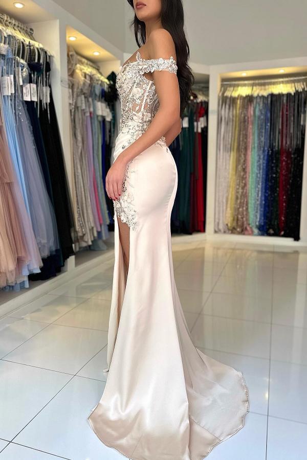 Long Mermaid Off the Shoulder Satin Appliques Lace Formal Prom Dresses with Slit