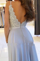 A-Line Spaghetti Straps Lace Floor Length Chiffon Prom Dress With Side Slit