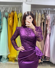 Elegant Long Mermaid Stretch Satin Jewel Lace Formal Dress with Sleeves