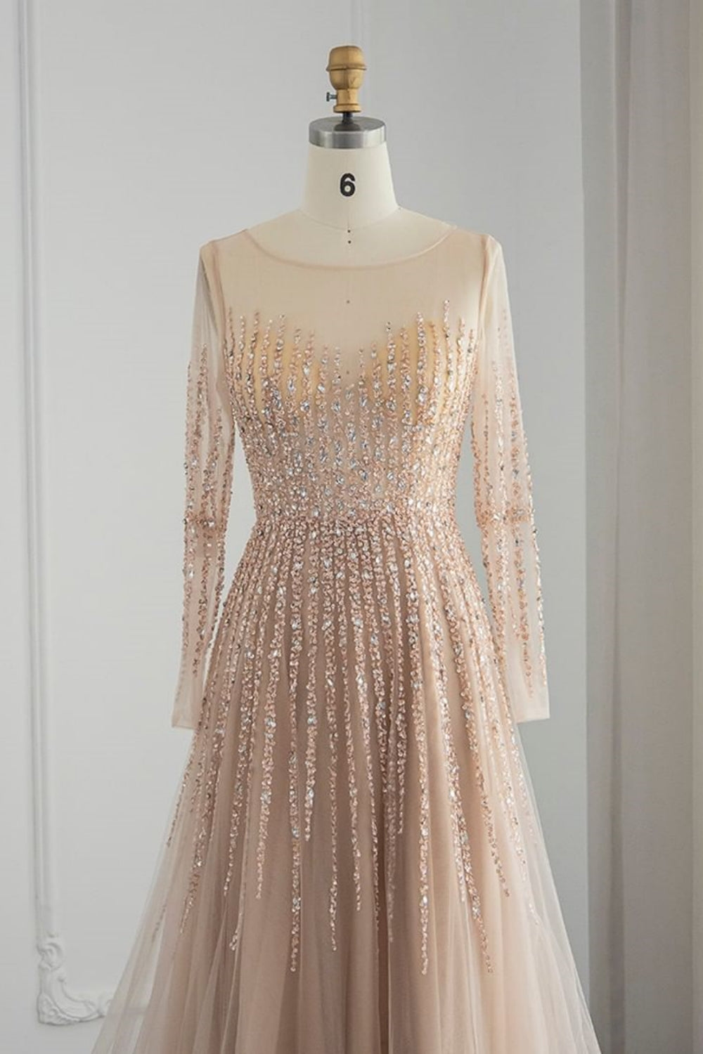 Long A-line Jewel Sequins Tulle Formal Prom Dresses with Sleeves