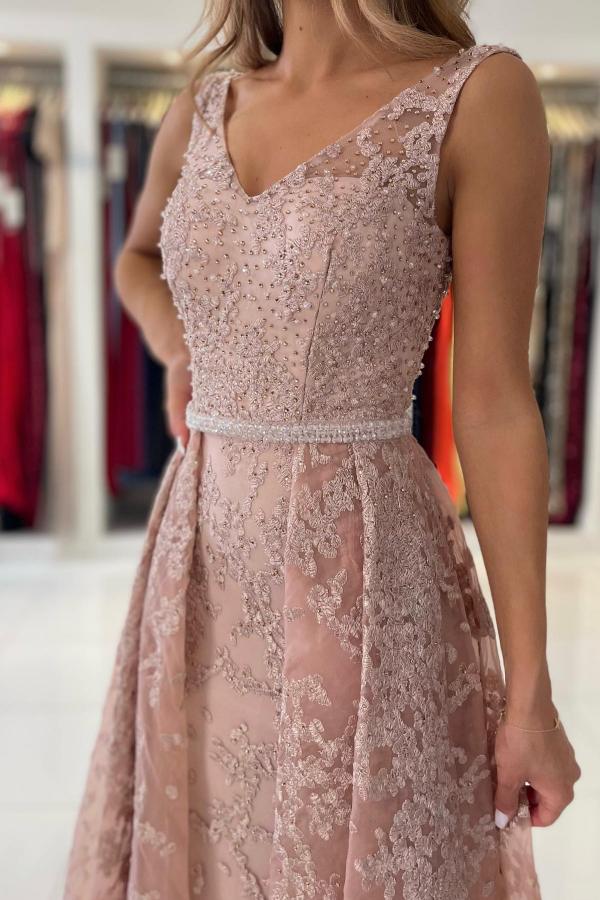 Elegant Long A-line V-neck Tulle Lace Appliques Formal Prom Dresses with Train
