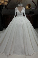 Gorgeous Long Ball Gown V-neck Glitter Sequins Wedding Dresses with Sleeves