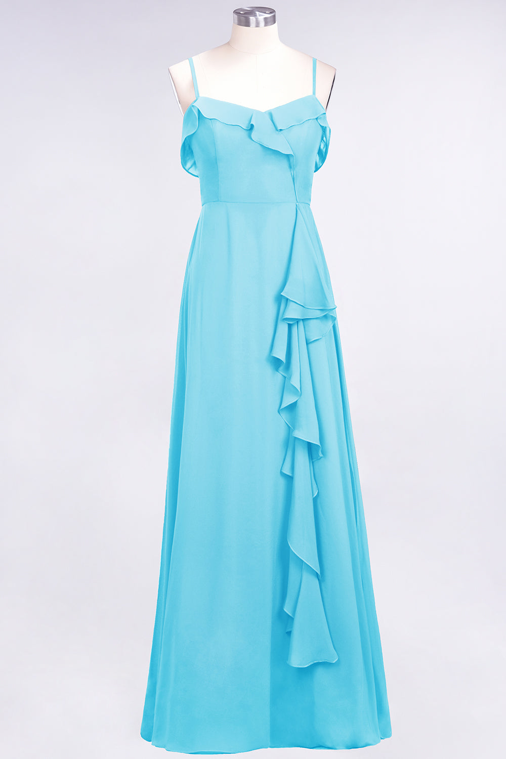 Spaghetti Straps A-Line Chiffon Backless Floor Length Prom Dress With Ruffles