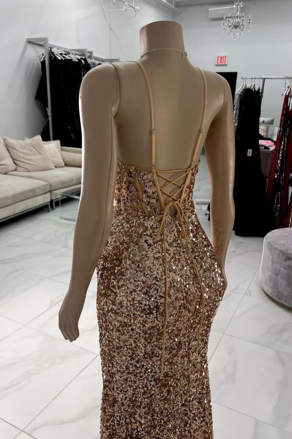 Mermaid Long Spaghetti Straps V Neck Backless Prom Dress with Slit