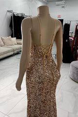 Mermaid Long Spaghetti Straps V Neck Backless Prom Dress with Slit