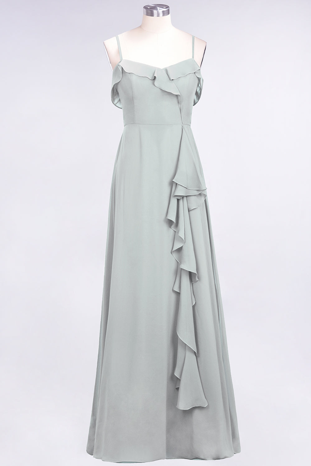 Spaghetti Straps A-Line Chiffon Backless Floor Length Prom Dress With Ruffles