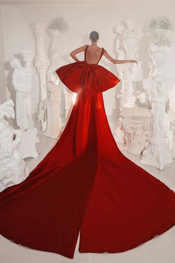 Beautiful Red High Low Square Satin Beading Backless Evening Prom Dress