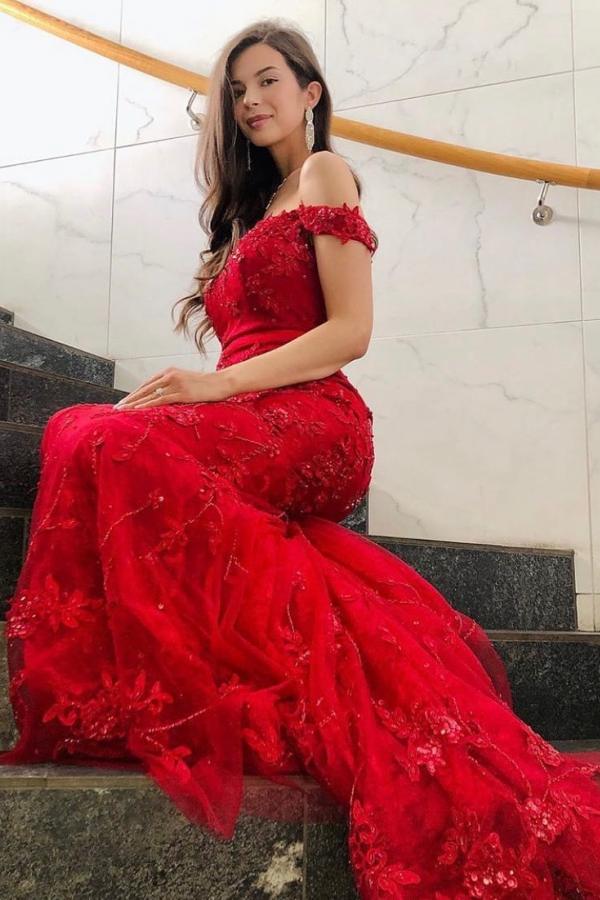 Long Off the Shoulder Backless Appliques Lace Mermaid Prom Dress