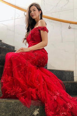 Long Off the Shoulder Backless Appliques Lace Mermaid Prom Dress