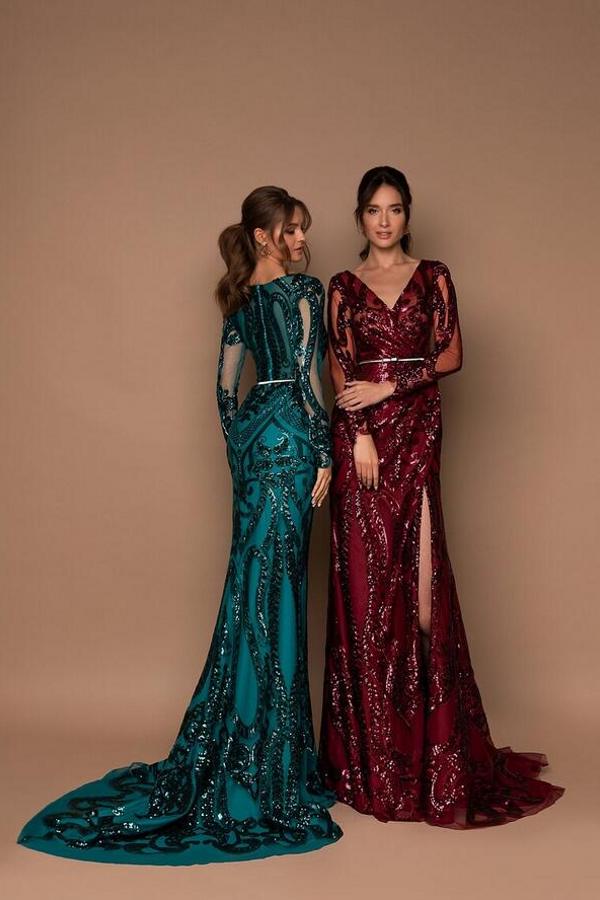 Black Long Sleeves Mermaid V-neck Sequined Formal Evening Dresses with Slit