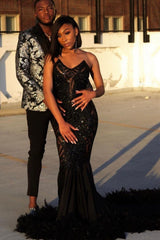 Black Strapless Appliques Lace Mermaid Long Prom Dress