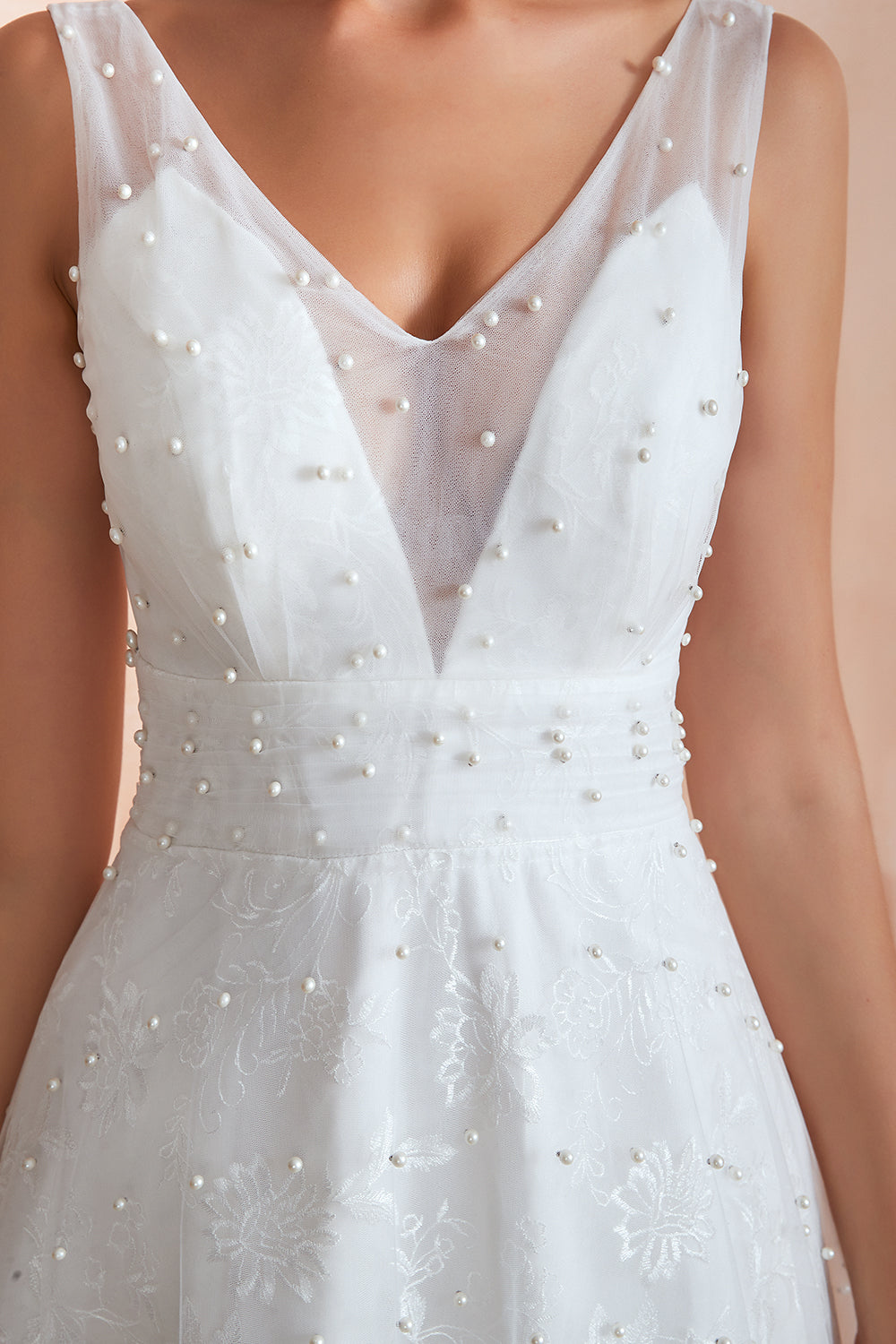 Elegant Long V-neck Tulle A-line White Wedding Dress