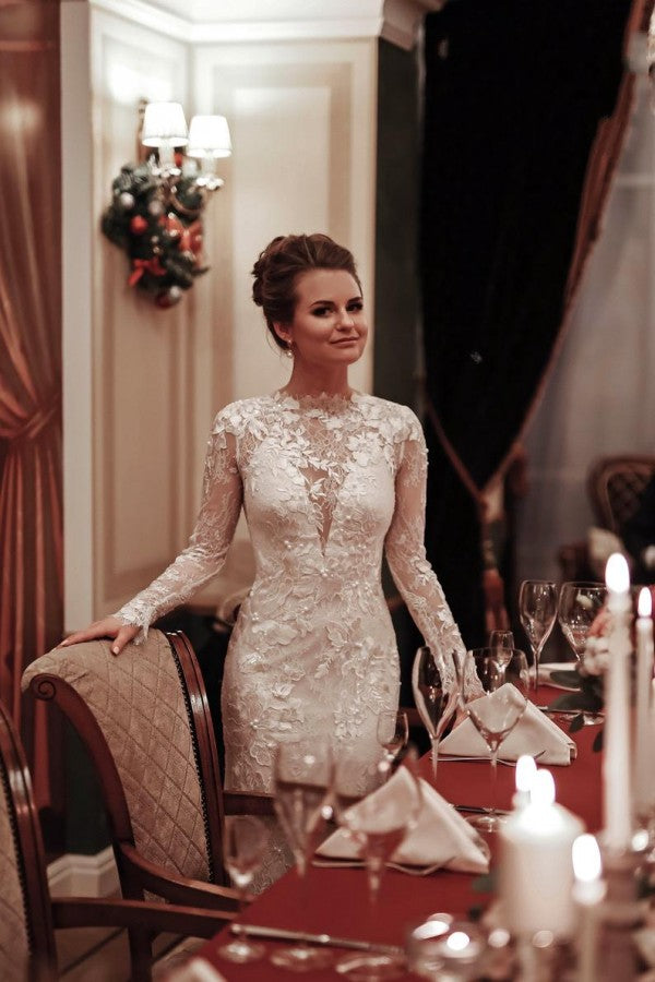 Unique Long Sleeve High Neck Appliques Lace Backless Mermaid Wedding Dress