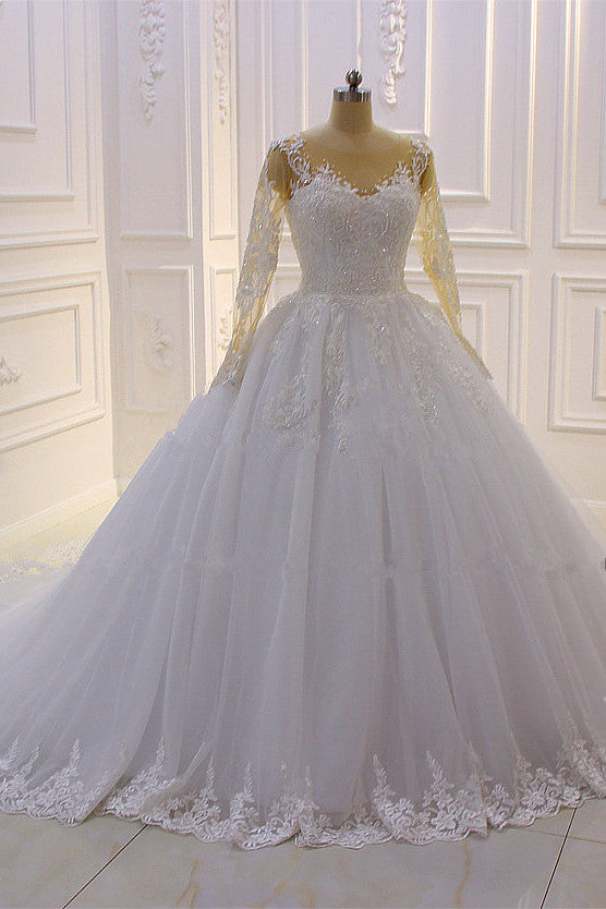 Gorgeous Bateau Long Sleeve Tulle Appliques Lace Ball Gown Wedding Dress