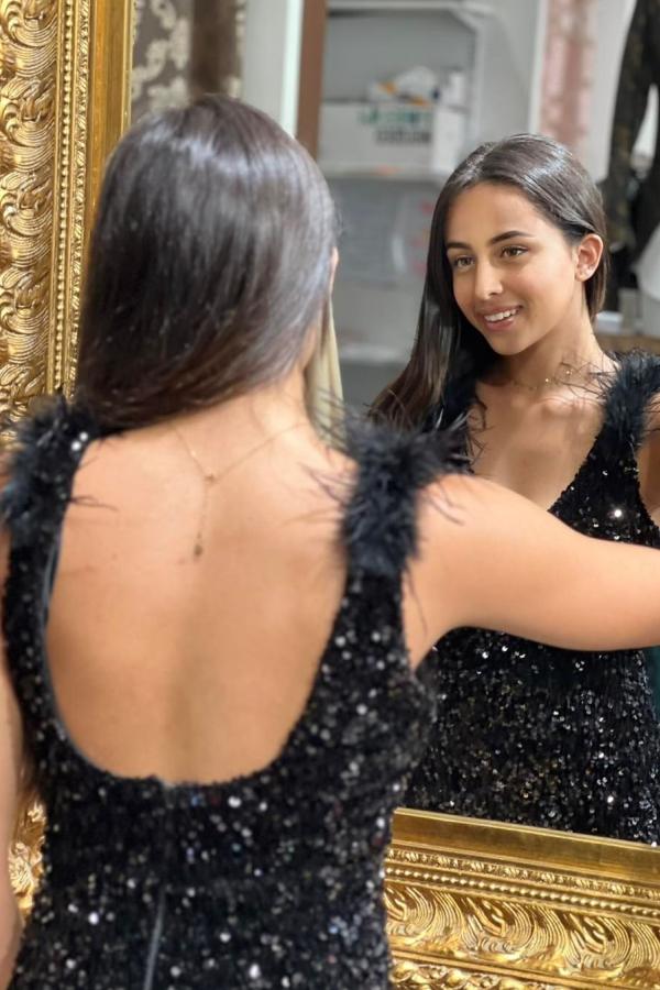 Black Glitter Long Mermaid V-neck Sequined Open Back Prom Dress with Slit