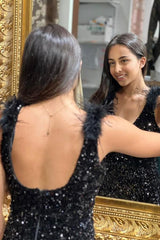 Black Glitter Long Mermaid V-neck Sequined Open Back Prom Dress with Slit