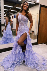 Long Mermaid One Shoulder Sleeveless Appliques Lace Tulle Lace Prom Dresses with Slit
