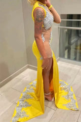 Fabulous Yellow Long Mermaid Jewel Satin Beading Prom Dress with Slit