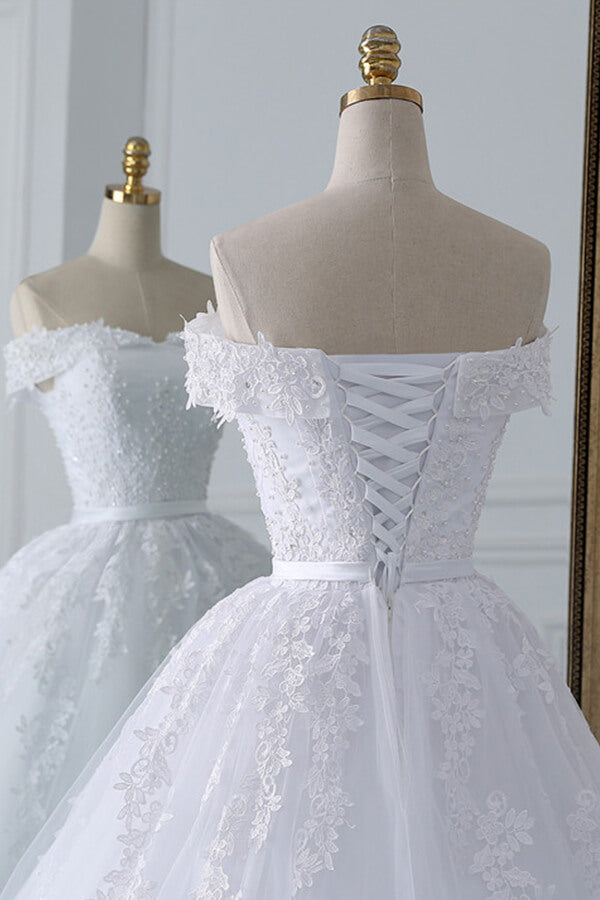 Long Ball Gown Lace-up Off Shoulder Appliques Tulle Wedding Dress