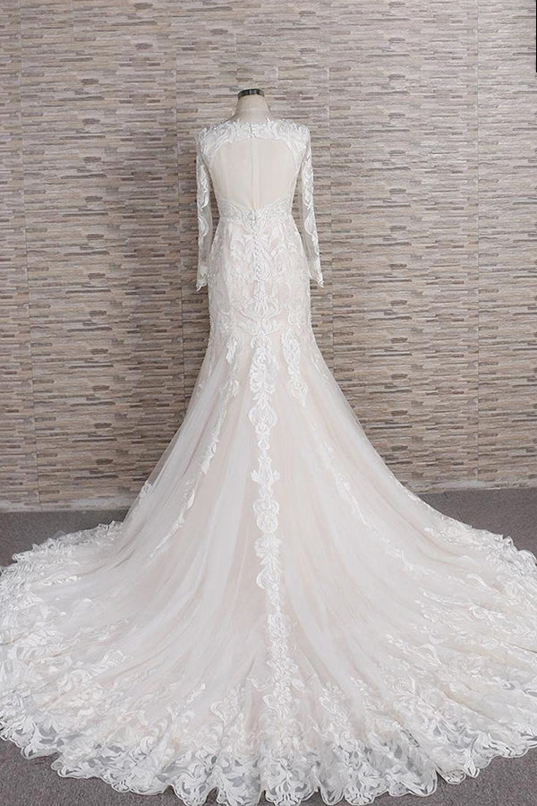 Chic Plus Size Long Sleeves V-neck Appliques Mermaid Wedding Dress