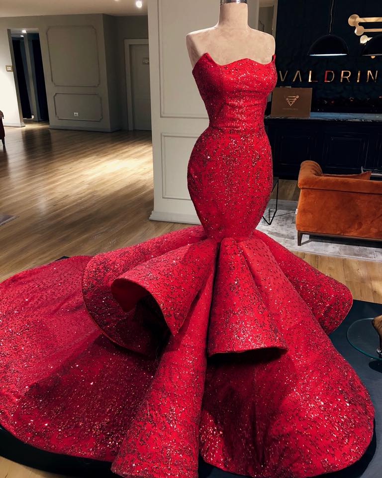 Burgundy Long Strapless Appliques Mermaid Prom Dress