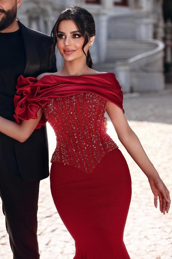 Burgundy Long Mermaid Off the Shoulder Satin Beaded Formal Prom Dresses