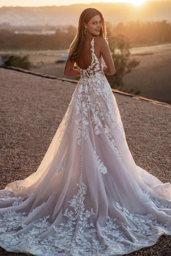 Spaghetti Straps Backless A-Line Long Appliques Lace Wedding Dress