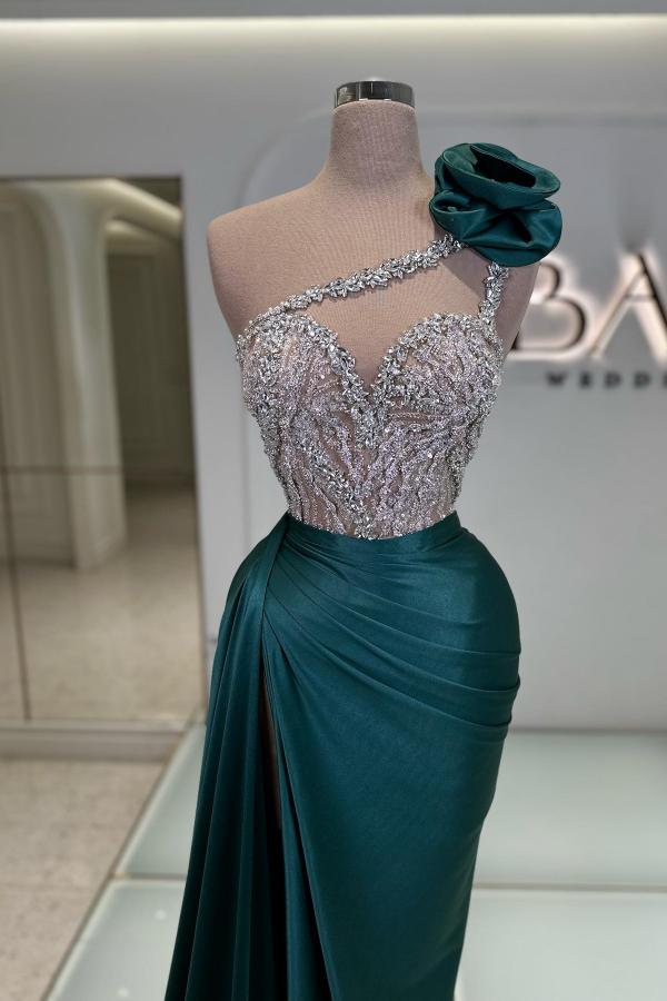 Long Mermaid One Shoulder Satin Beades Prom Dresses with Slit