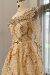 Luxury Long A-line One Shoulder Shiny Sequins Formal Prom Dress with Sash