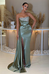 Long Mermaid Strapless Beading Satin Formal Prom Dresses with Slit