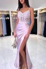 Simple Long Mermaid Spaghetti Straps Sweetheart Satin Prom Dress with Slit