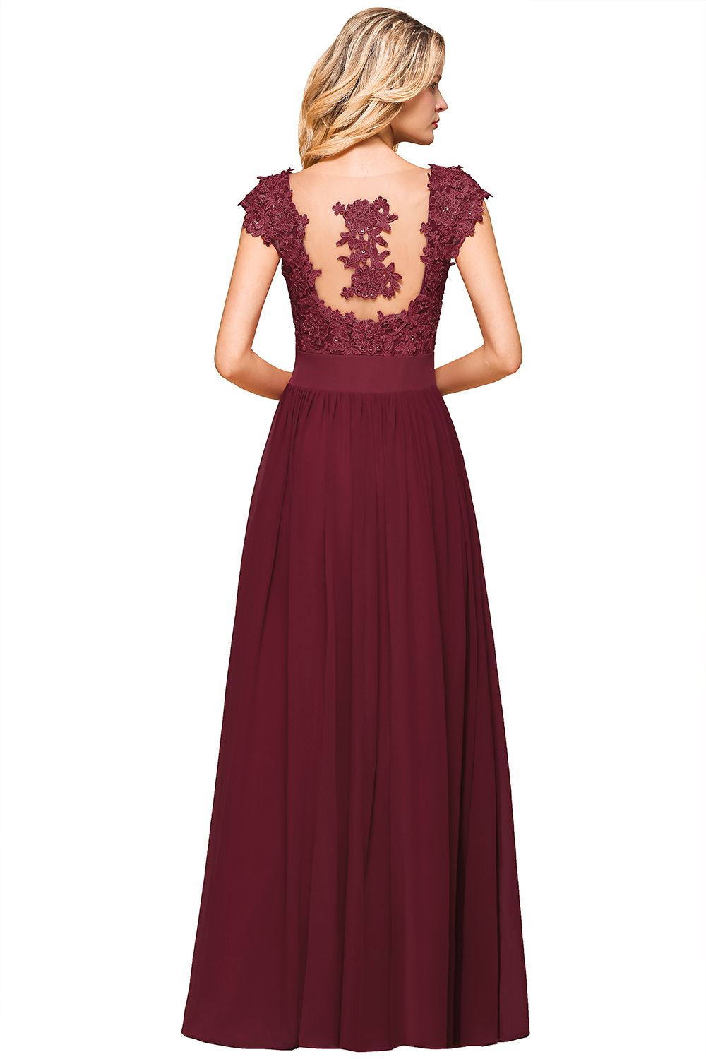 Dusty Blue Long A-line Cap sleeves Lace Bridesmaid Dresses with Appliques