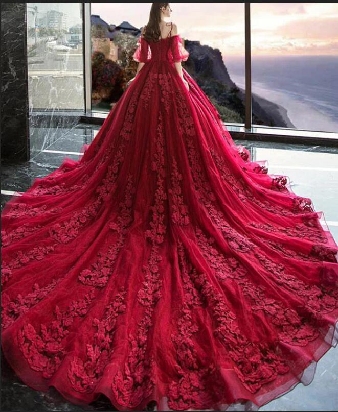 Gorgeous Off the Shoulder Spaghetti Straps Appliques Lace Prom Dress with Sleeves