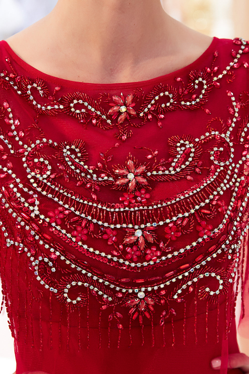Red Long Jewel Satin Mermaid Formal Evening Dresses