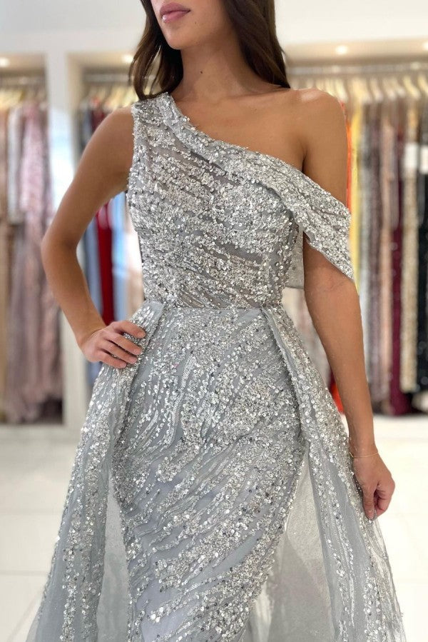 Silver Long Mermaid One Shoulder Glitter Tulle Formal Prom Dresses