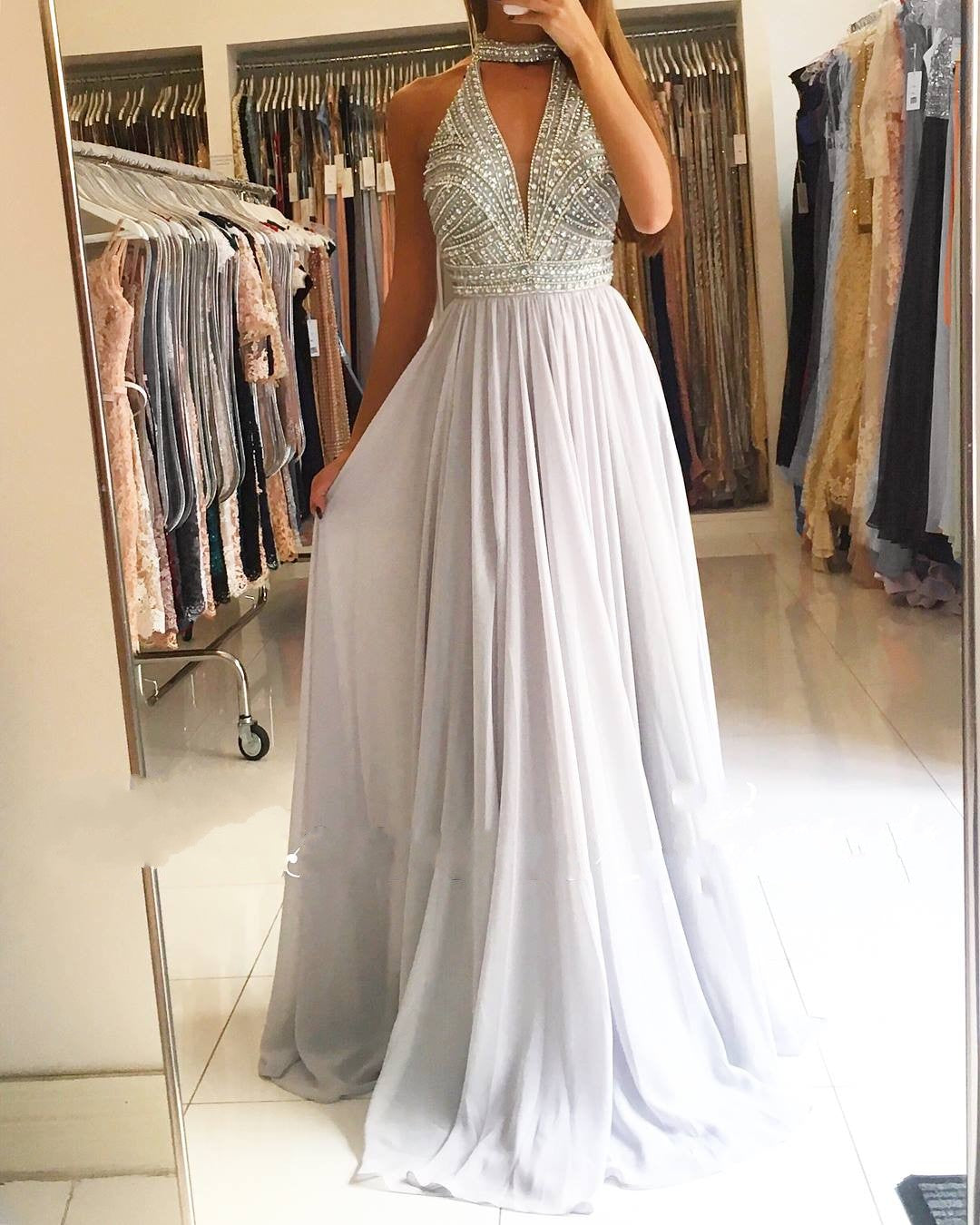 Elegant Long Halter Keyhole Beading A-Line Ruffles Floor Length Prom Dress