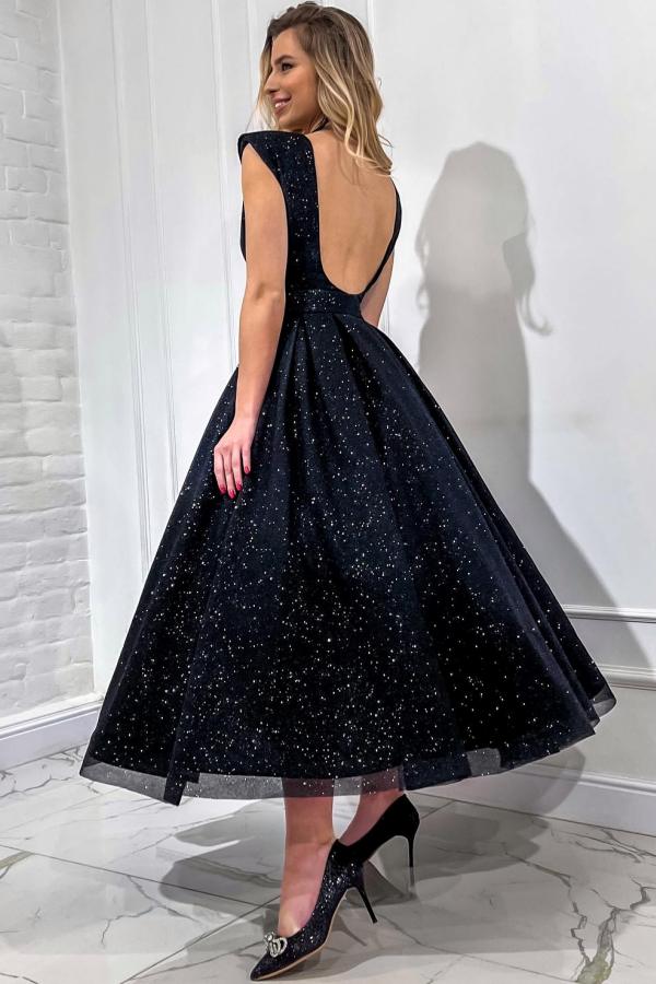 Sequin V Neck Open Back Long A Line Tulle Party Dress