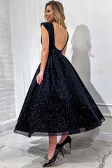 Sequin V Neck Open Back Long A Line Tulle Party Dress