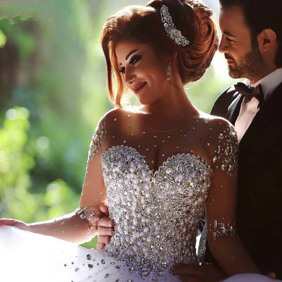 Luxury Long Sleeves Tulle Beading Ball Gown Wedding Dresses